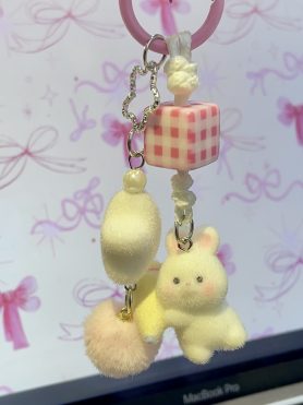 Cube Star Pom-Pom Plush White Bunny Rabbit Doll Keychain | Kawaii Bag Accessories Charms for Girls